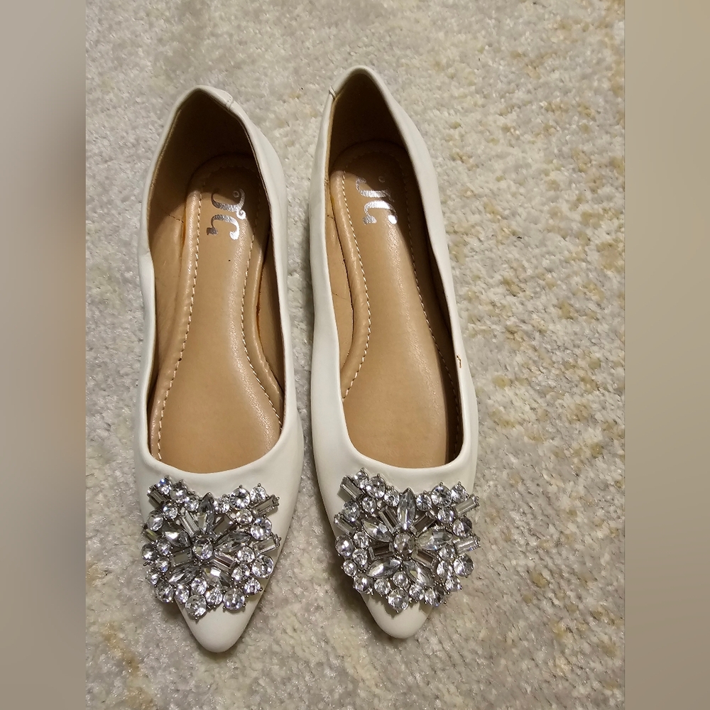 White embellished flats